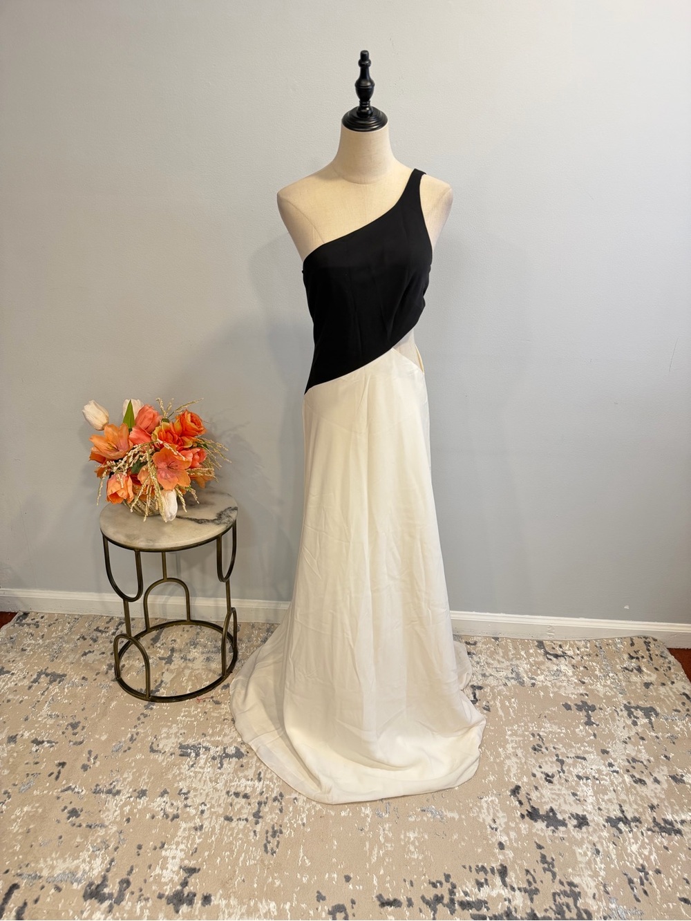 Jill Stuart One-Shoulder Black and White Cutout Flattering Formal Evening Gown